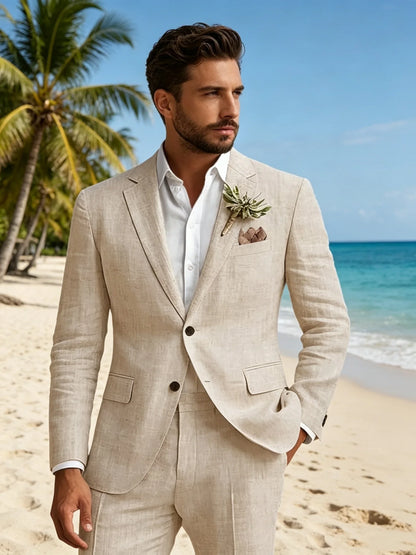 Elegant Beige Linen 2 Piece Men Suits Casual Single Breasted Slim Fit Blazer Pants High Quality Summer Seabeach Wedding Suits