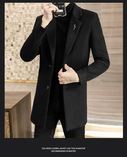 High-quality men's fashionable and stylish mid-length solid color woolen and cotton thick coat for autumn and winter