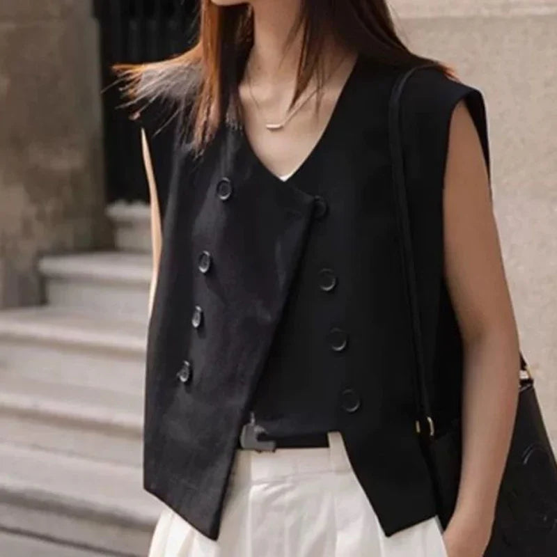 Black Suit Vest Jacket Women Irregular Top 2025 Spring Summer New Double Breasted Casual Thin Shoulder Waistcoat Female Clothes