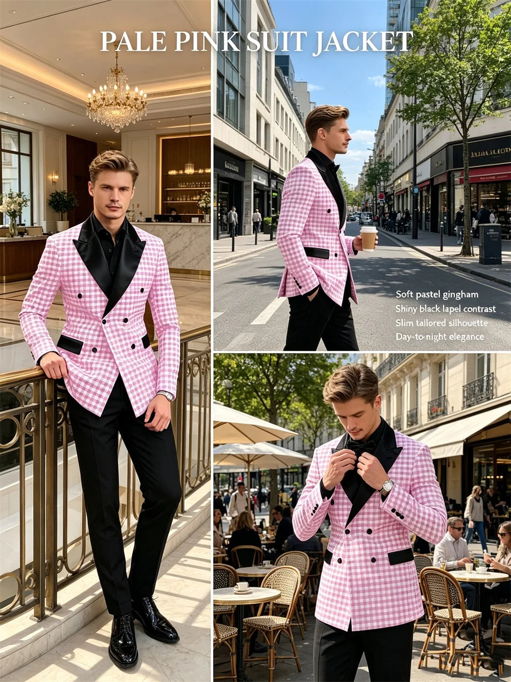 Men's Checkered Double Breasted Blazer Tailored Slim Fit Formal Jacket For Wedding Groom Cocktail Event Prom Dinner Party Coat