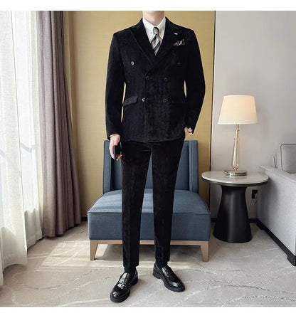 2025 Winter Woolen Men's Wedding Groom Suit Double Breasted Suit 3 Piece Set Business Casual Office Work Party Prom Dress Suits