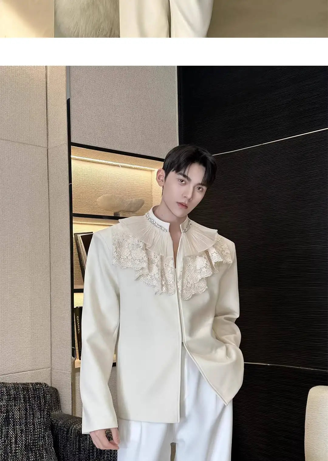 2026 New Personalized Lace Patchwork Stand Collar Diamond-Embellished Blazer Coat Men Fashion Luxury Casual Jacket JY6215