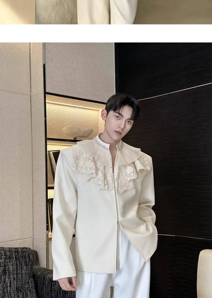 2026 New Personalized Lace Patchwork Stand Collar Diamond-Embellished Blazer Coat Men Fashion Luxury Casual Jacket JY6215