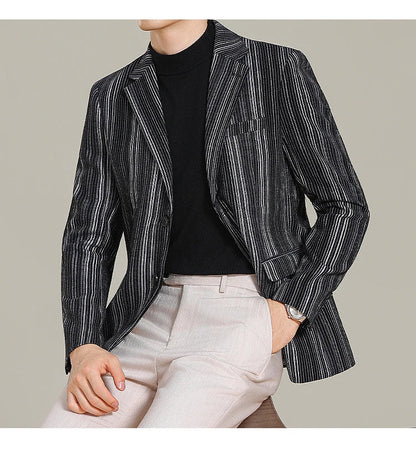 2025 Autumn Winter Velvet Striped Fashion Casual Suit Jacket Slim Fit Versatile Business Blazers Social Wedding Groom Dress Coat