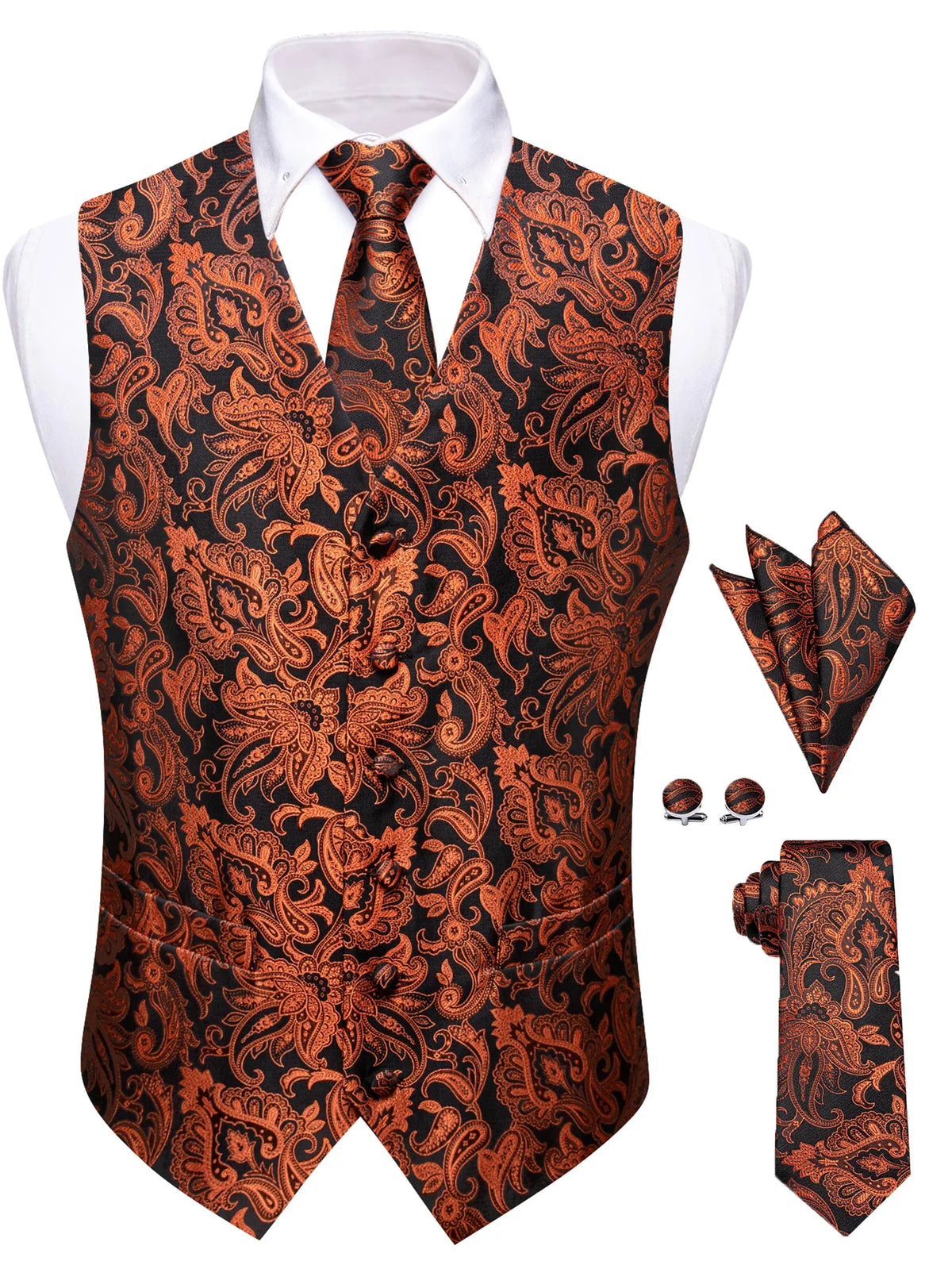 Men's Paisley Suit Vest Tie Set – Royal Blue, Red, Brown & Orange | Wedding & Business Waistcoat