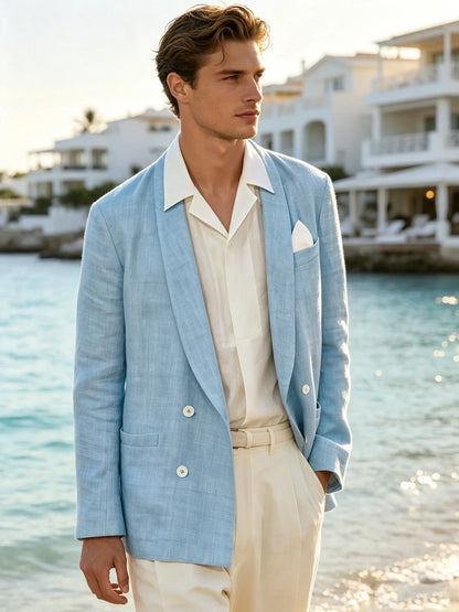 Summer Cotton Linen Blend Men Blazer Double Breasted Casual Suit Jacket Lightweight Soft Elegant Dress Coat For Prom Work Party