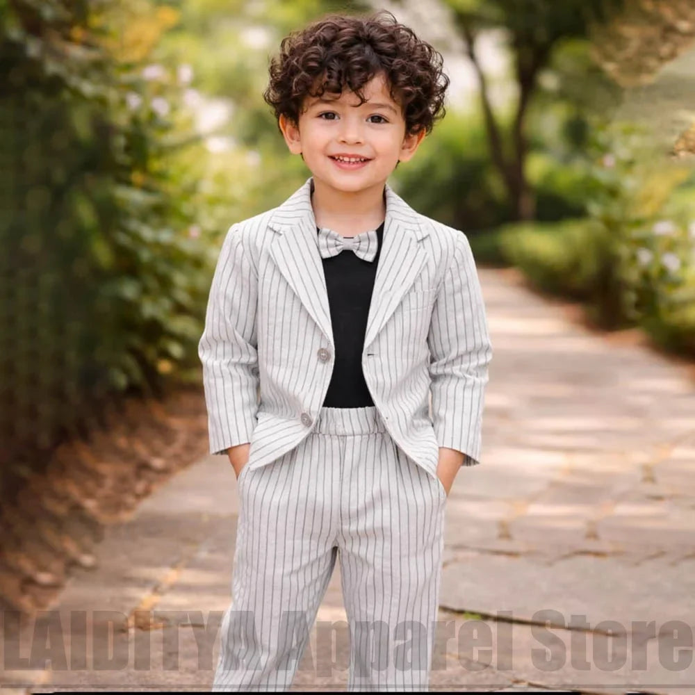 Chic Boys Striped Two Piece Suit Notch Lapel Single Breasted Blazer Pants Kids Wedding Birthday Party Formal Casual Outfit