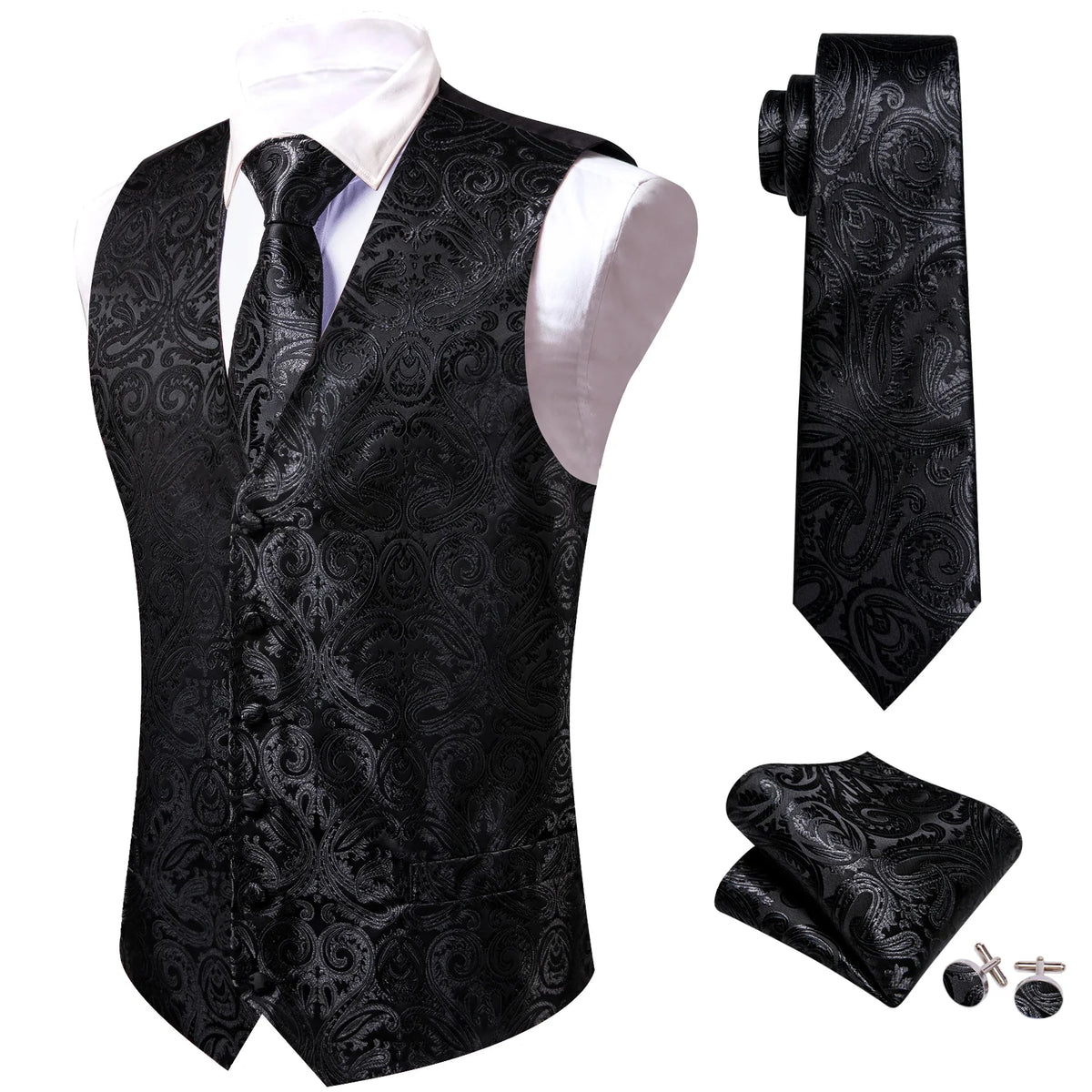 Men's Formal Vest Tie Set 4-Piece Paisley Jacquard Waistcoat for Men Wedding Business