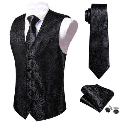 Men's Formal Vest Tie Set 4-Piece Paisley Jacquard Waistcoat for Men Wedding Business