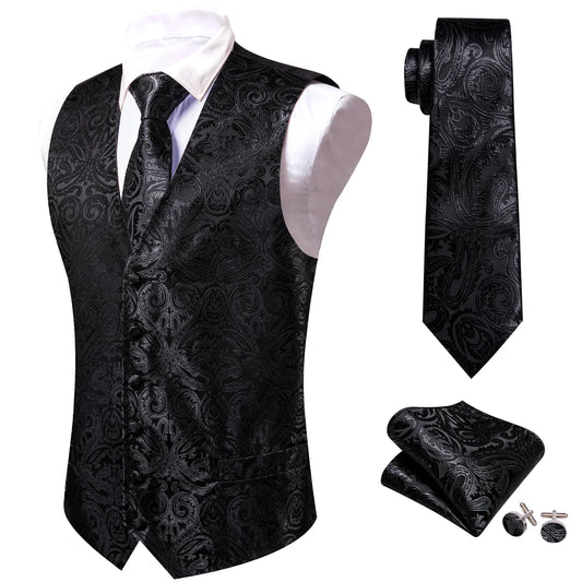 Men's Formal Vest Tie Set 4-Piece Paisley Jacquard Waistcoat for Men Wedding Business