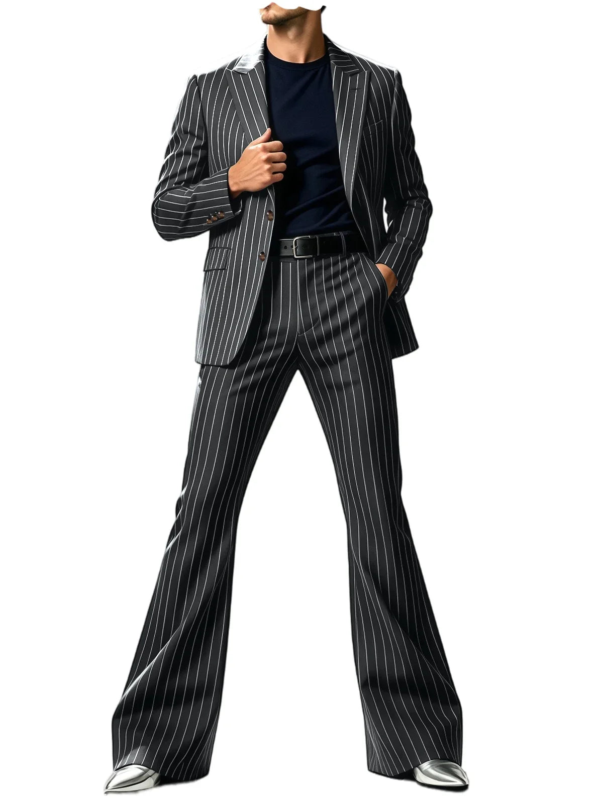 Men's Suit 2-Piece Slim Fit Pinstripe Blazer & High Waist Flared Pants for Business Casual and Formal Occasions