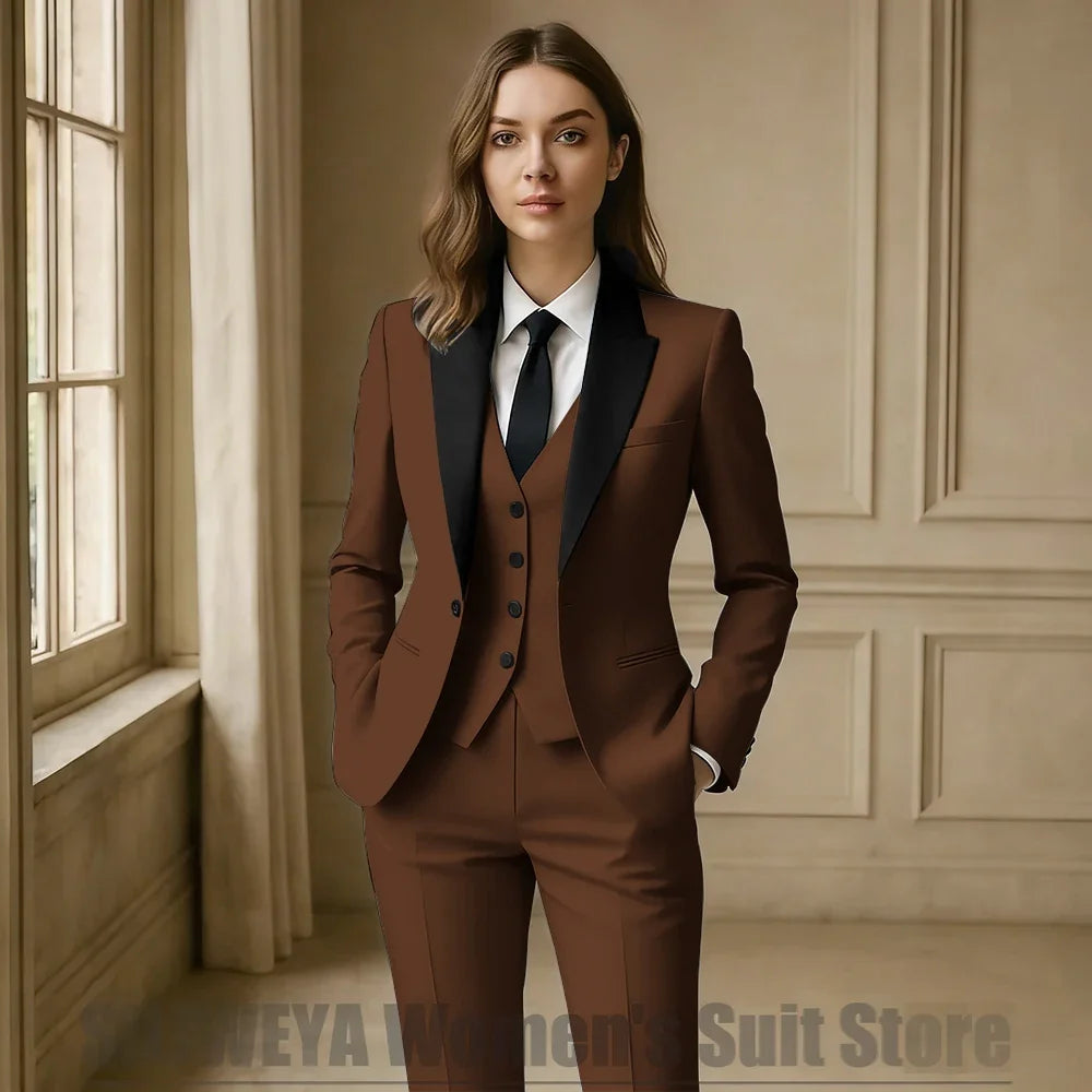 Women Royal Blue 3 Piece Tuxedo Suit Blazer Vest Pants with Black Lapel Slim Fit Formal Party Business Office Outfit