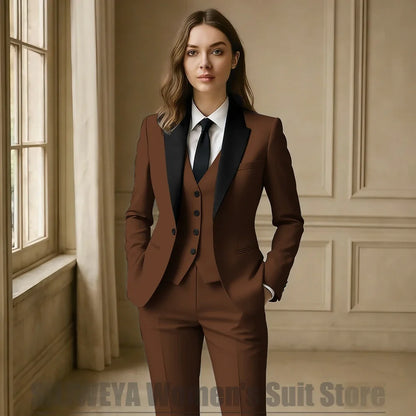 Women Royal Blue 3 Piece Tuxedo Suit Blazer Vest Pants with Black Lapel Slim Fit Formal Party Business Office Outfit