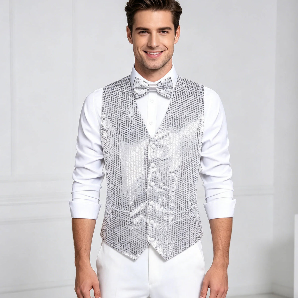 Men's Sequin Vest Waistcoat and Bow Tie Set for Weddings, Parties & Prom