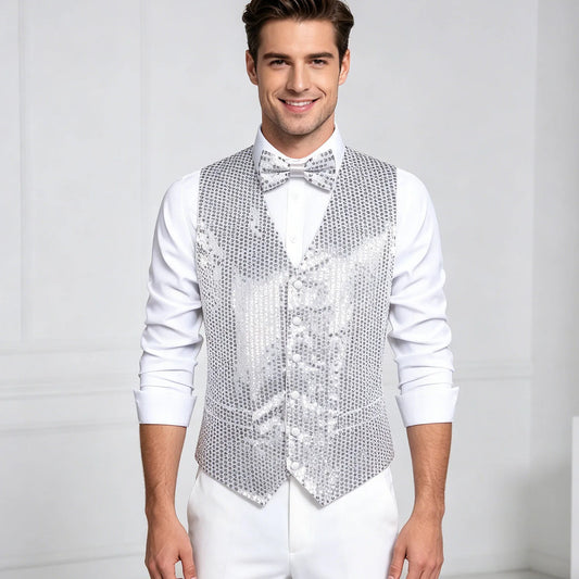 Men's Sequin Vest Waistcoat and Bow Tie Set for Weddings, Parties & Prom