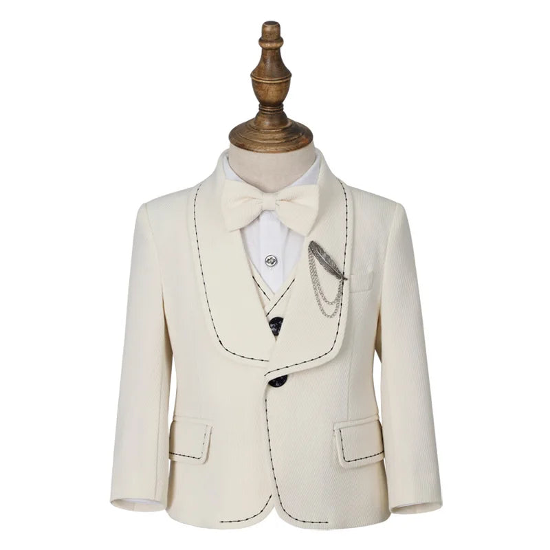 Children's Beige Blazer Set Kids Formal Wedding Birthday Party Suit Set Boys Jacket Vest Pants Bowtie Brooch 5Pieces Clothes Set