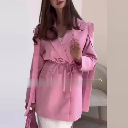 Spring Autumn New Women Blazer Turn-down Collar Long Sleeve Lace-up Waist Cinching Elegant Fashion Office Lady Coat HK16723