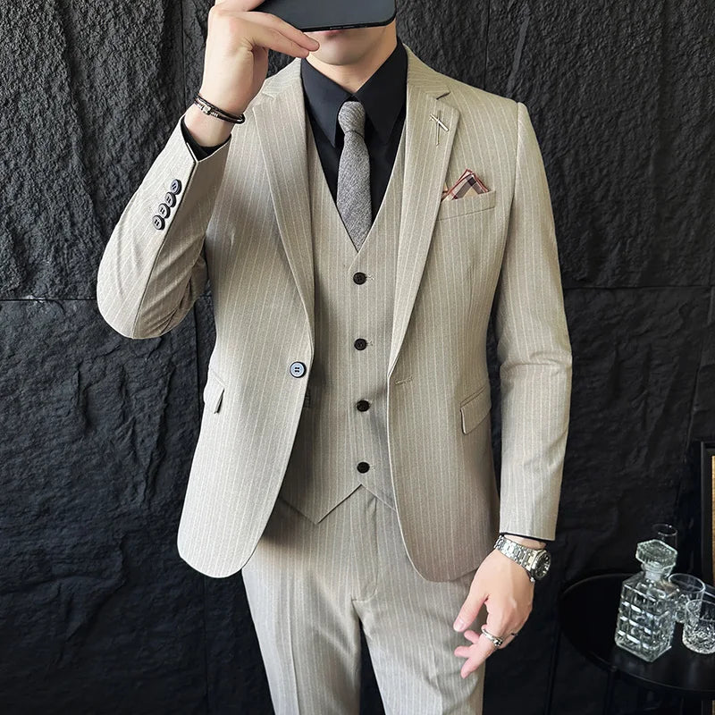 Beige Suit Men Business Tuxedos Formal 3 Piece Set Jacket Vest Pants Single Breasted Groom Groomsman Prom Wedding Party 2025 New