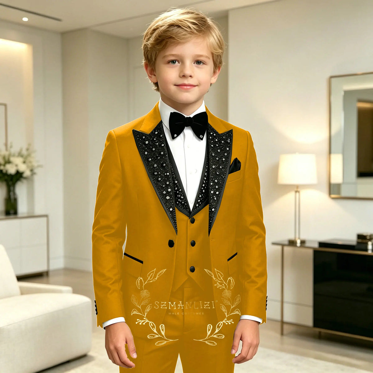 Classic Suits for Boys Black Crystals 3-Piece Fashion Stylish Boy's Tuxedo Formal For Party Outfit For Kids Blazer Vest Pant