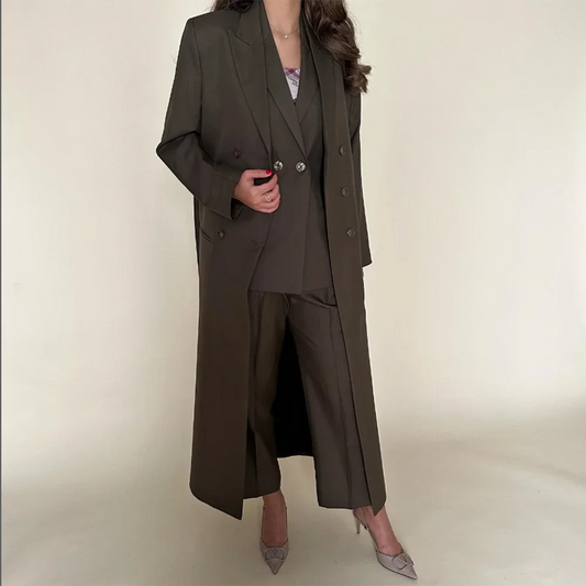 High-end Women Pants Sets Dark Brown Summer Fashion Peak Lapel Double Breasted 3 Piece Chic Casual Office Lady Female Suit 2026