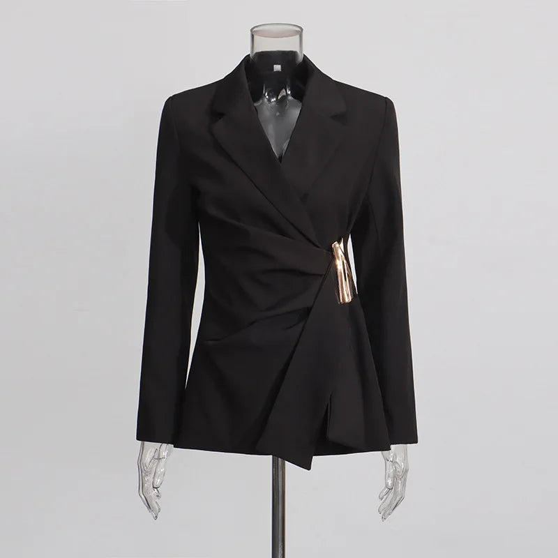 Women Blazer Elegant Fashion Asymmetric Twist Pleated Waist Cinching Metal Buckle Decoration Jacket New Spring 2026 HK19361