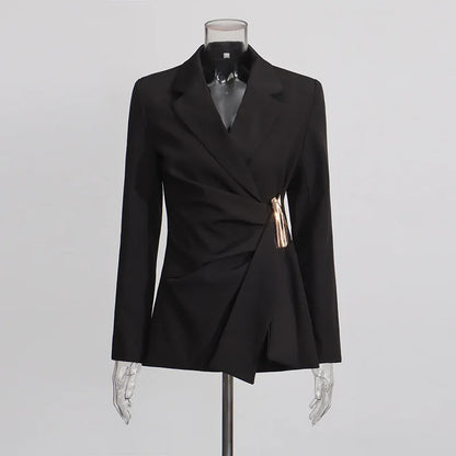 Women Blazer Elegant Fashion Asymmetric Twist Pleated Waist Cinching Metal Buckle Decoration Jacket New Spring 2026 HK19361