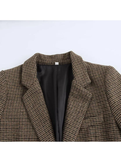 Women's Brown Plaid Blazer Jacket Y2k Harajuku 2000s Vintage Long Sleeve Single Breasted Suit Coat Oversize Outerwear Autum 2025