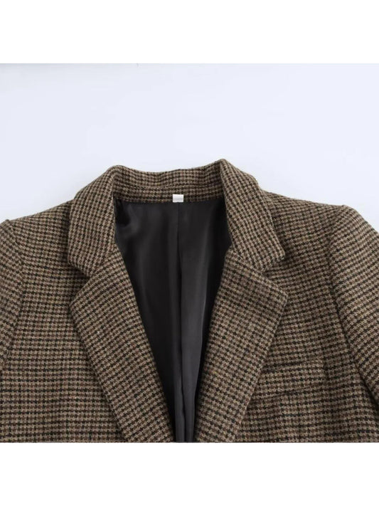 Women's Brown Plaid Blazer Jacket Y2k Harajuku 2000s Vintage Long Sleeve Single Breasted Suit Coat Oversize Outerwear Autum 2025