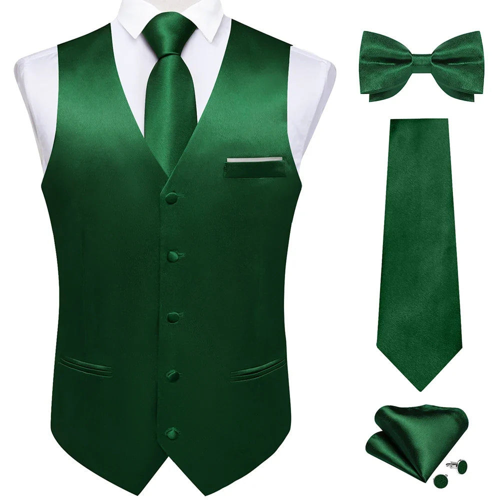 Men's Satin Suit Vest Set with Necktie Bow Tie Handkerchief and Cufflinks for Wedding and Formal Occasions