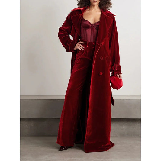 Casual Linen Women Suit Red Flannel 2 Pieces(Long Jacket+Pants)Single-breasted Peaked Lapel Winter Warm Office Lady Business Set