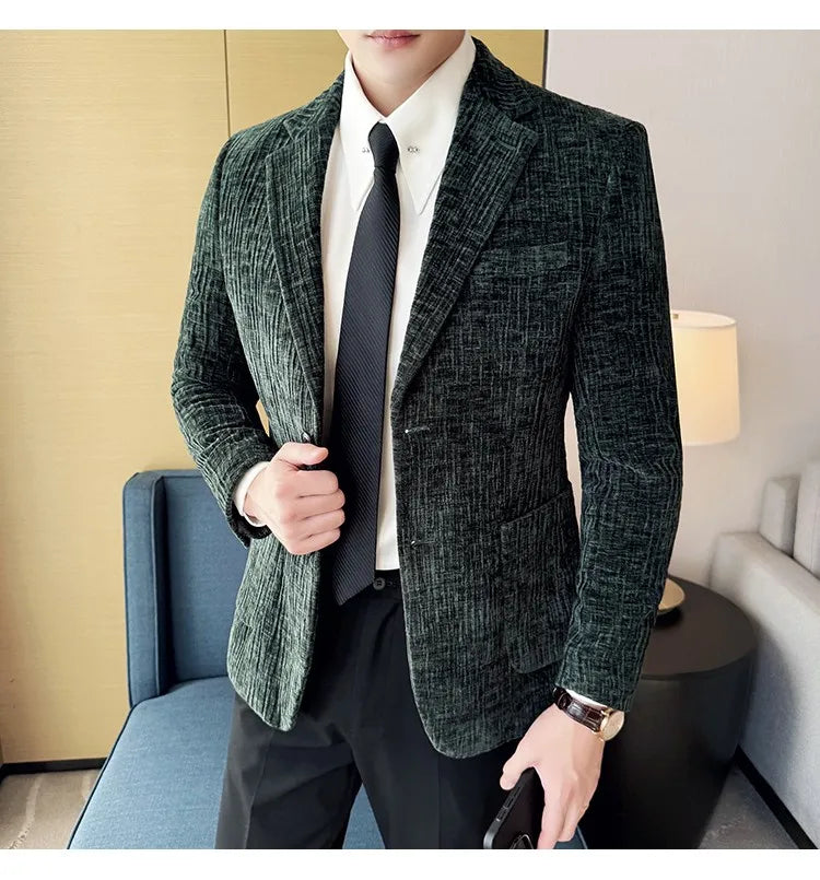 2025 Winter Chenier Thick Suit Jacket for Men Korean Slim Fit Casual Business Men Blazers Wedding Groom Office Social Dress Coat