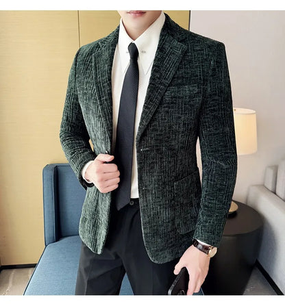 2025 Winter Chenier Thick Suit Jacket for Men Korean Slim Fit Casual Business Men Blazers Wedding Groom Office Social Dress Coat