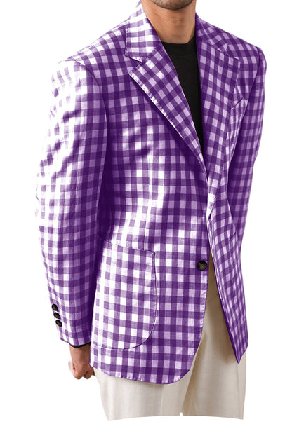 Men's Checkered Cotton Blazer Notched Lapel Single-Breasted Casual Business Summer Sport Coat with Patch Pockets