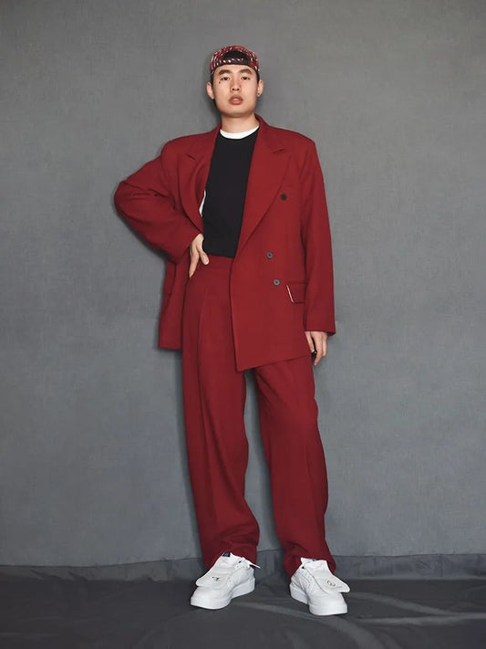Men's Two-Piece Suit Set – Red Double Breasted Blazer & Pants for Stage, Work & Smart Casual Wear