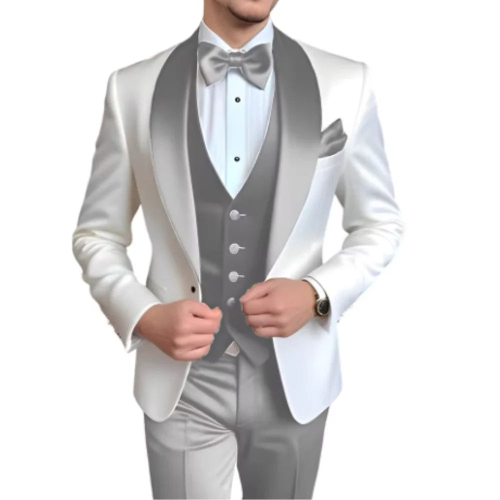 Men's 3-Piece Suit with Scarf Lapel — Single-Breasted Tuxedo for Weddings & Formal Events
