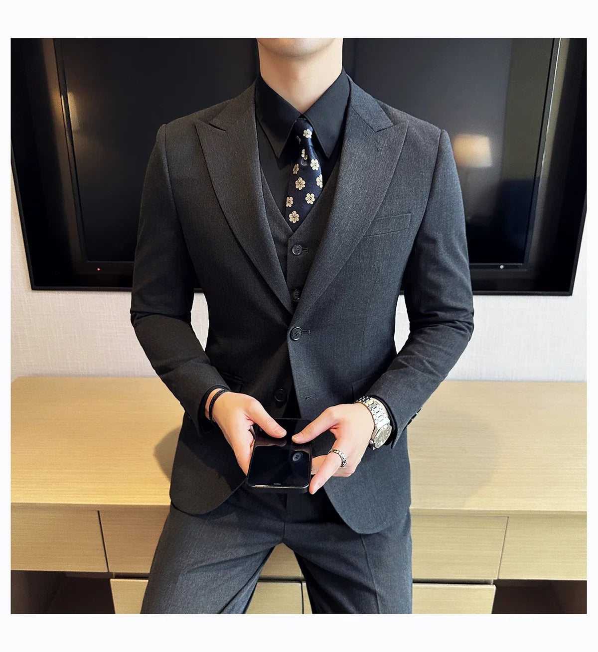 (Jacket + Vest + Pant) Men's Formal Slim Fit Business Work Wedding Stage Tuxedo Fashion Best Men Social Dress Suit 3 Pieces Set