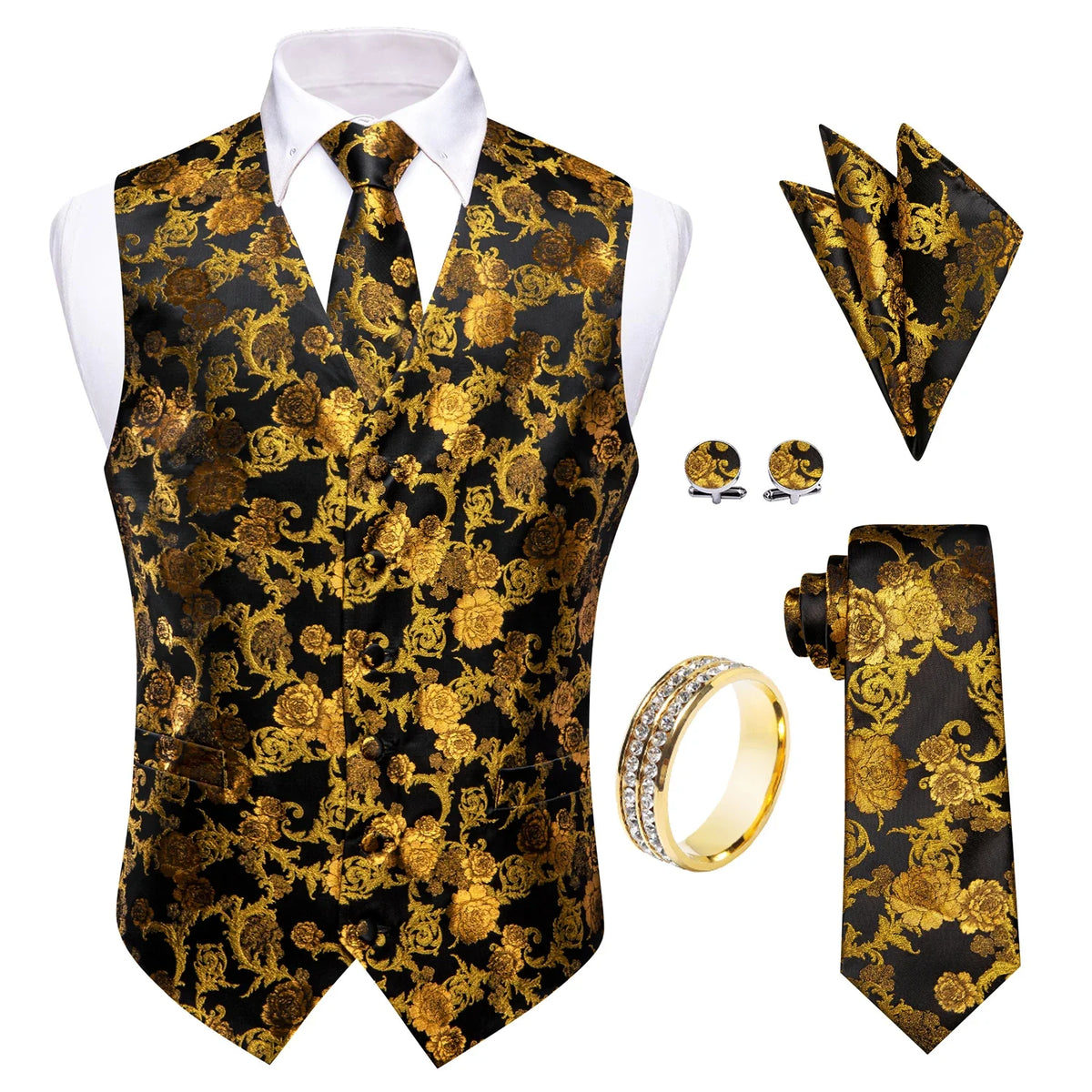 Men's V-Neck Vest Matching Kit | Black Gold Floral Jacquard | Wedding & Celebration