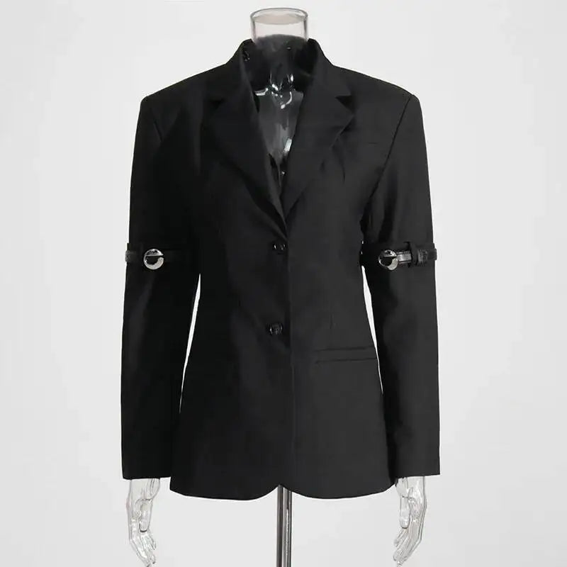 Autumn New Women Design Sense Blazer Personality Patchwork Belt Decoration Slim Fit Elegant Fashion High Street Coat HK9048