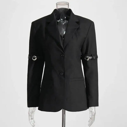 Autumn New Women Design Sense Blazer Personality Patchwork Belt Decoration Slim Fit Elegant Fashion High Street Coat HK9048