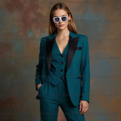 Blue And Black Formal Business Women Suit Wedding Party Prom Ladies Mother Girl Tuxedos Costume 3 Piece Set Blazer Vest Pants