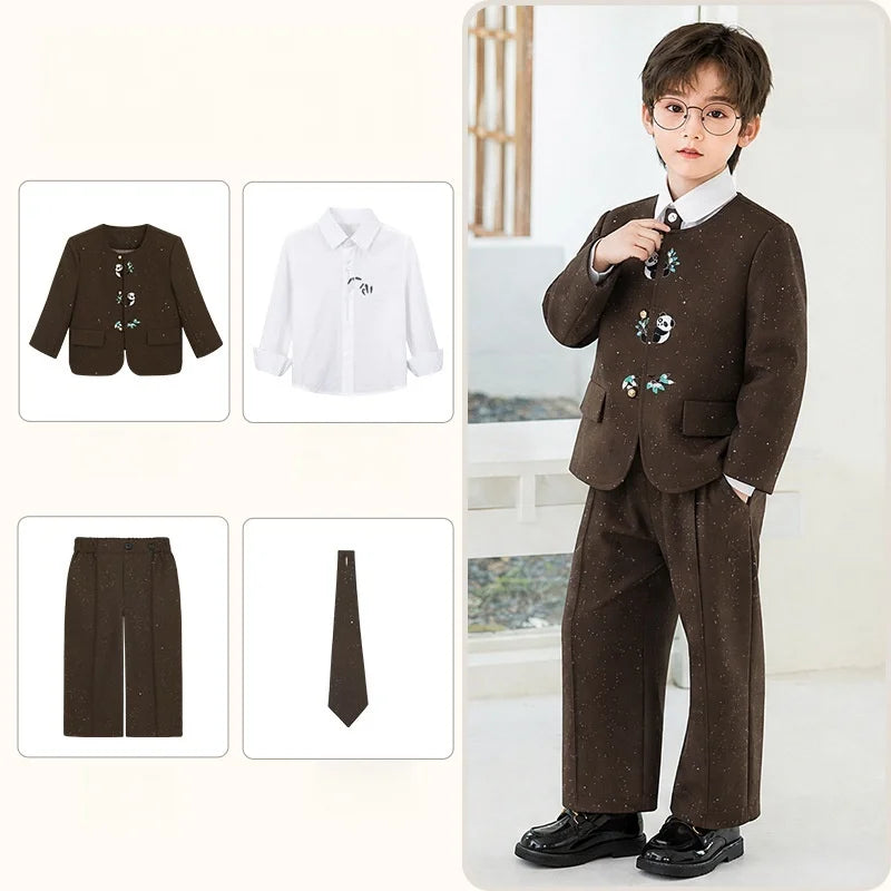 90-160 Kids New Chinese Tang Suit Hanfu Embroidery Suit Flower Boys Host Recitation Performance Costume