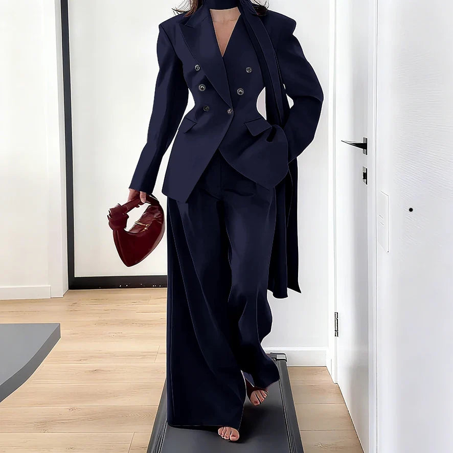 Elegant Women Double Breasted Suit Set Double Breasted Peaked Lapel Blazer+Pants Daily Slim Fit Office Evening Party Outerwears