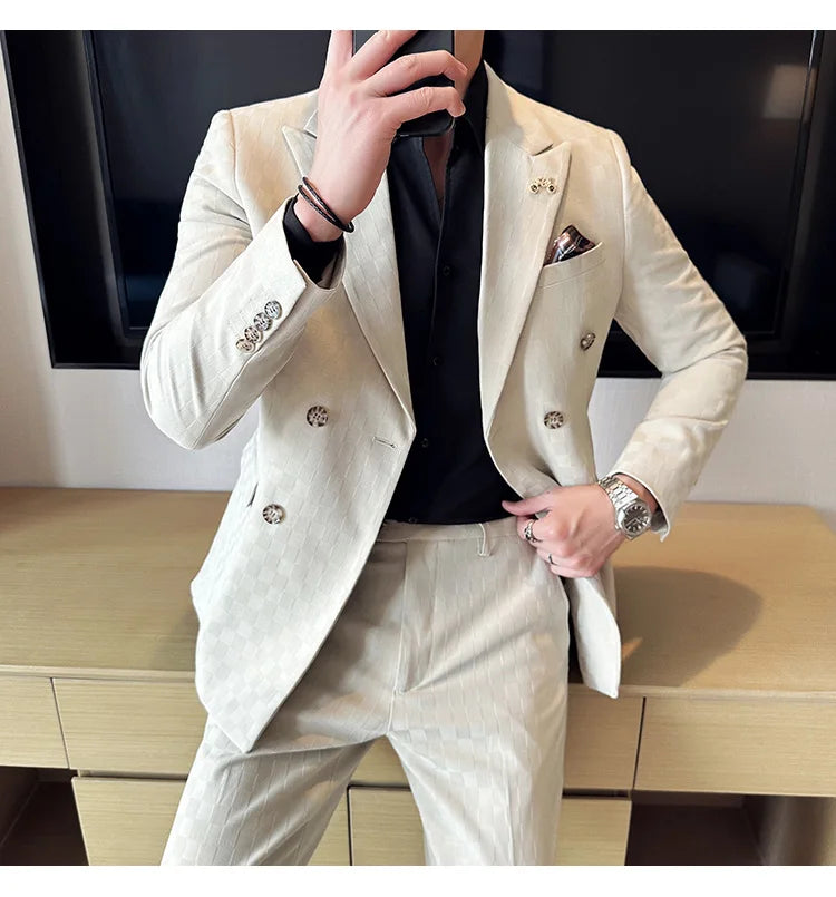 (Jacket+Pants)Luxury Checkered Double Breasted Suit  2 Pieces Fashion Business Slim Fit Social   Formal Suit Evening Dress 5XL-M