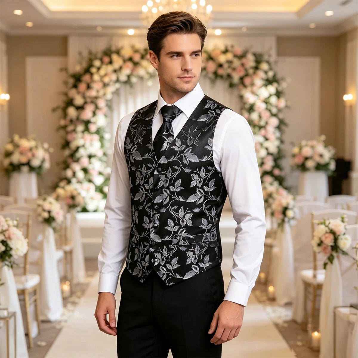 Men's Formal Vest Tie Set 4-Piece Paisley Jacquard Waistcoat for Men Wedding Business