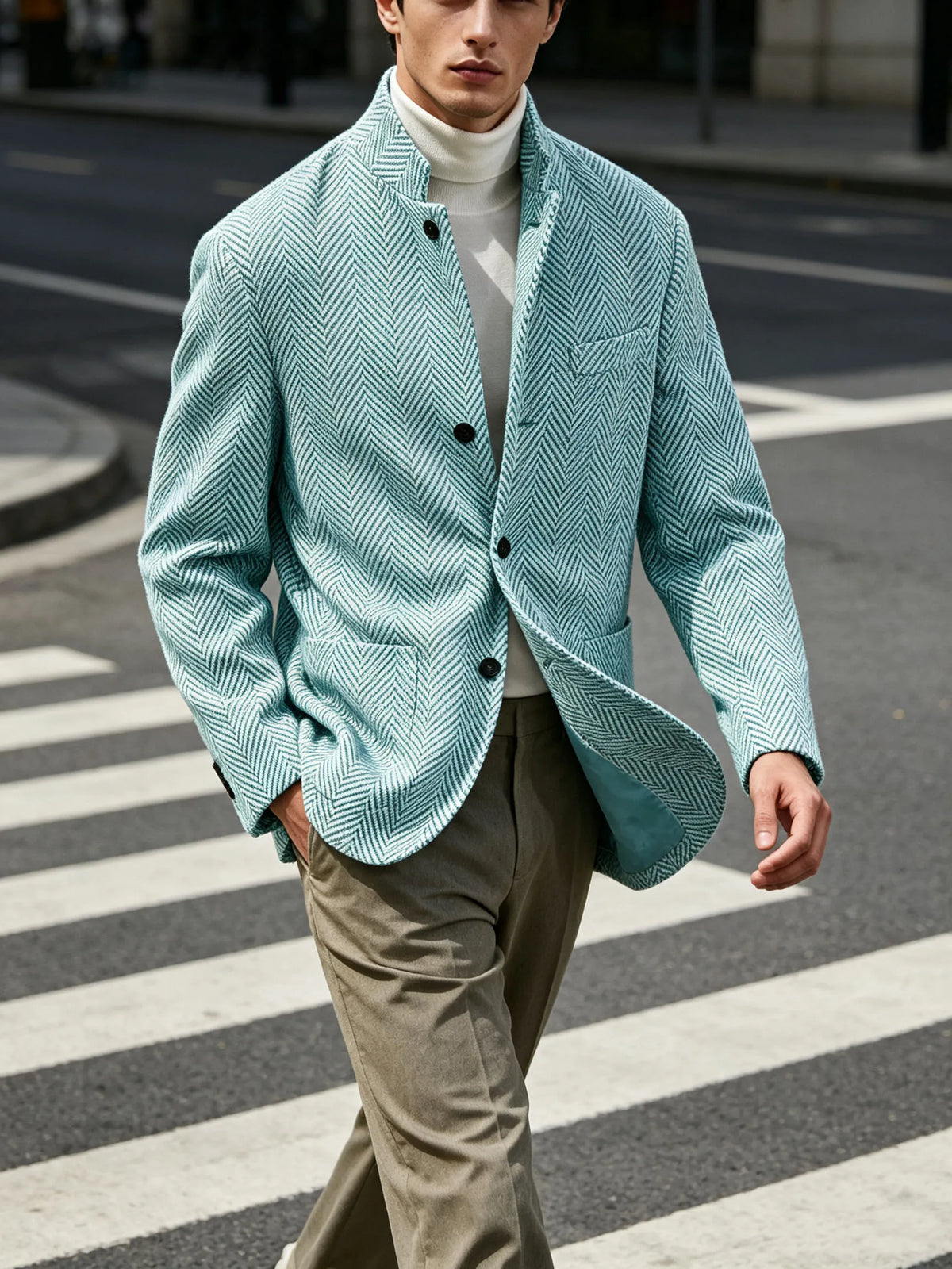 Men's Herringbone Tweed Stand Collar Blazer  Notch Lapel Slim Fit Wool Blend Sport Coat Business Casual Wedding Prom Man Jackets