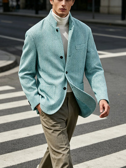 Men's Herringbone Tweed Stand Collar Blazer  Notch Lapel Slim Fit Wool Blend Sport Coat Business Casual Wedding Prom Man Jackets