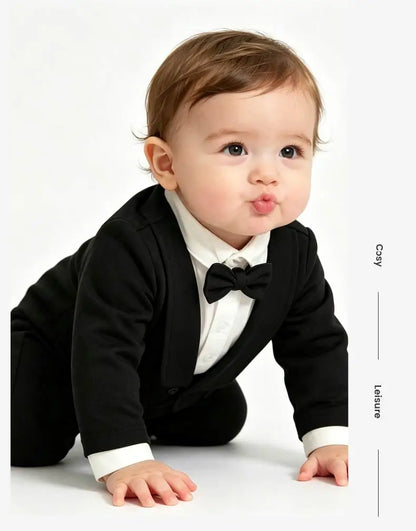 Toddler Baby Boy Black Tuxedo Romper Suit Fake Blazer Long Sleeve Jumpsuit With Bow Tie Wedding Baptism Gentleman Formal Outfit