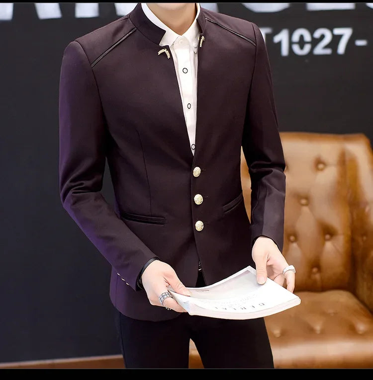 2024 Spring New Men's Stand Collar Casual Suit Jackets Youth Fashion Solid Color Stitching Three Button Mens Blazer Coats