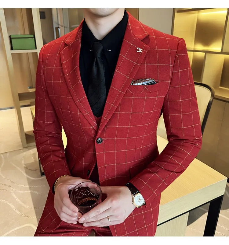 Men's 3-Piece Slim Fit Plaid Suit – Jacket, Vest & Pants for Weddings, Office & Formal Occasions