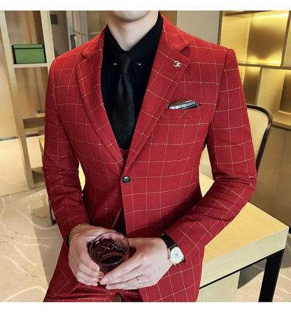 Men's 3-Piece Slim Fit Plaid Suit – Jacket, Vest & Pants for Weddings, Office & Formal Occasions